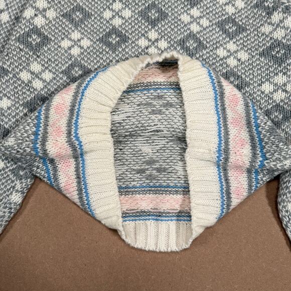 Vintage 80s Grandma Collared Sweater L Gray White Argyle Knit Pink Pastel Trim - Picture 5 of 7